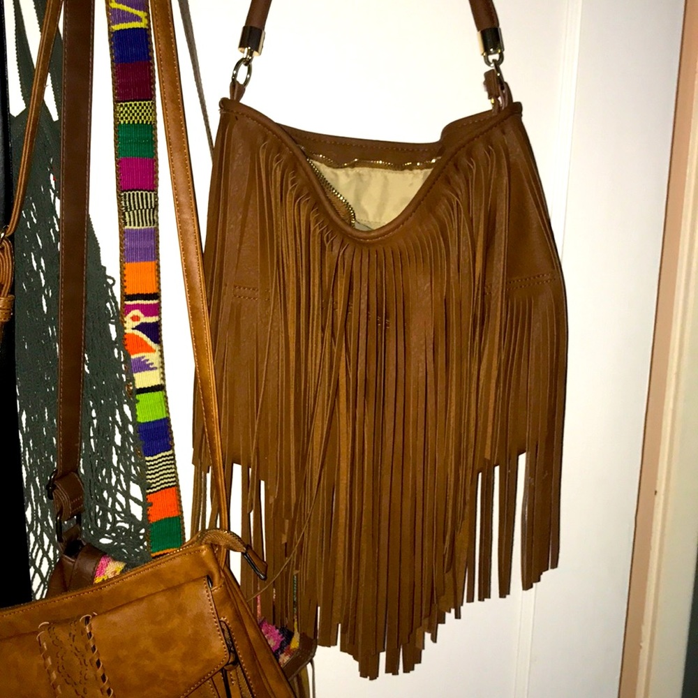 Leather fringe shoulder boho bag